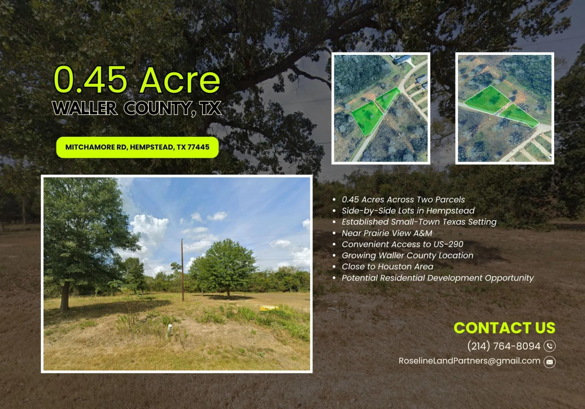 0.45 Acres • Two Adjoining Lots • 313' of Paved-Road Frontage • Single-Family Residential Zoning • Cleared & Outside the Flood Zone • Growing Hempstead/Waller County Location • Owner Financing Available - Main image