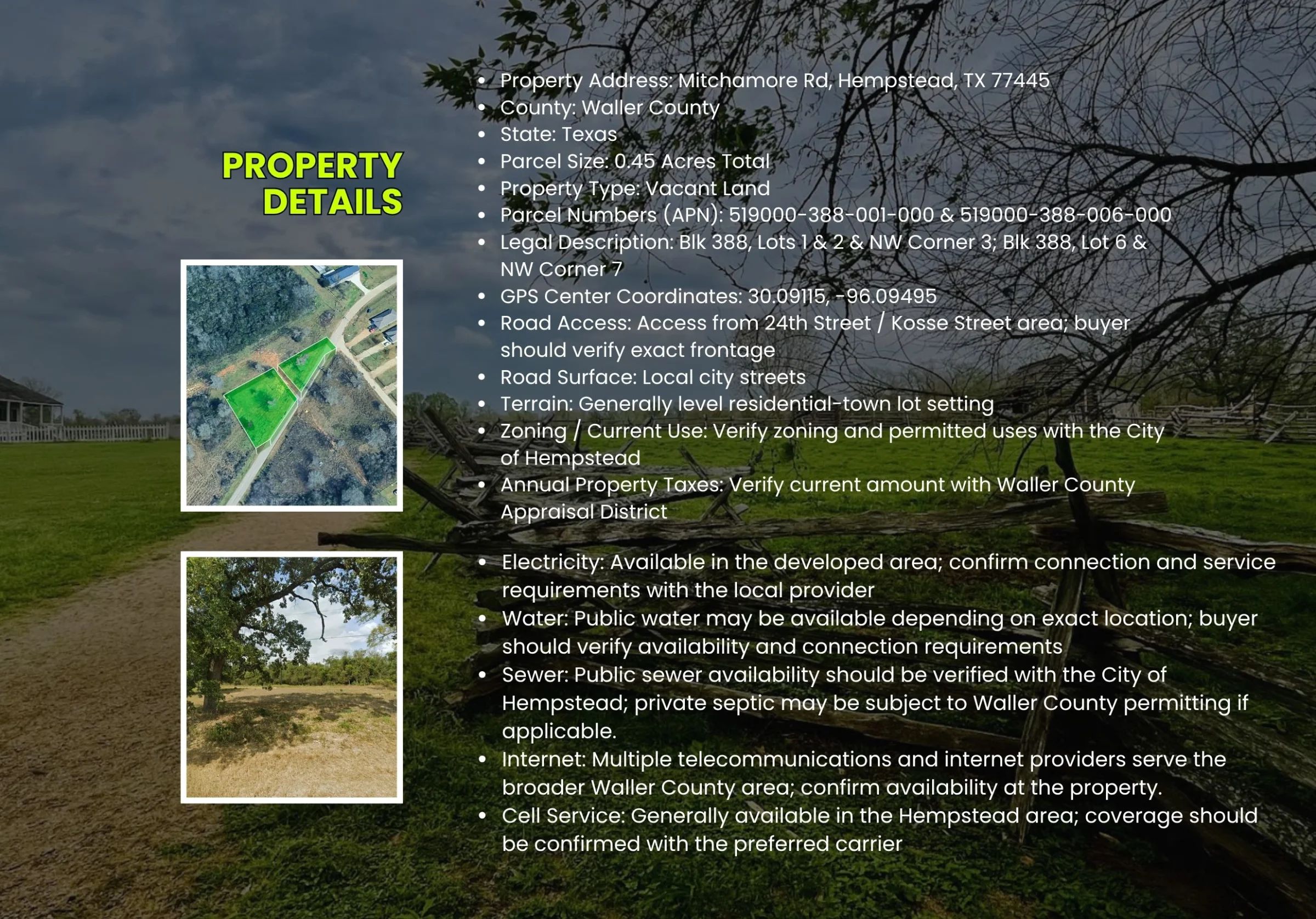 0.45 Acres • Two Adjoining Lots • 313' of Paved-Road Frontage • Single-Family Residential Zoning • Cleared & Outside the Flood Zone • Growing Hempstead/Waller County Location • Owner Financing Available in Waller County, TX